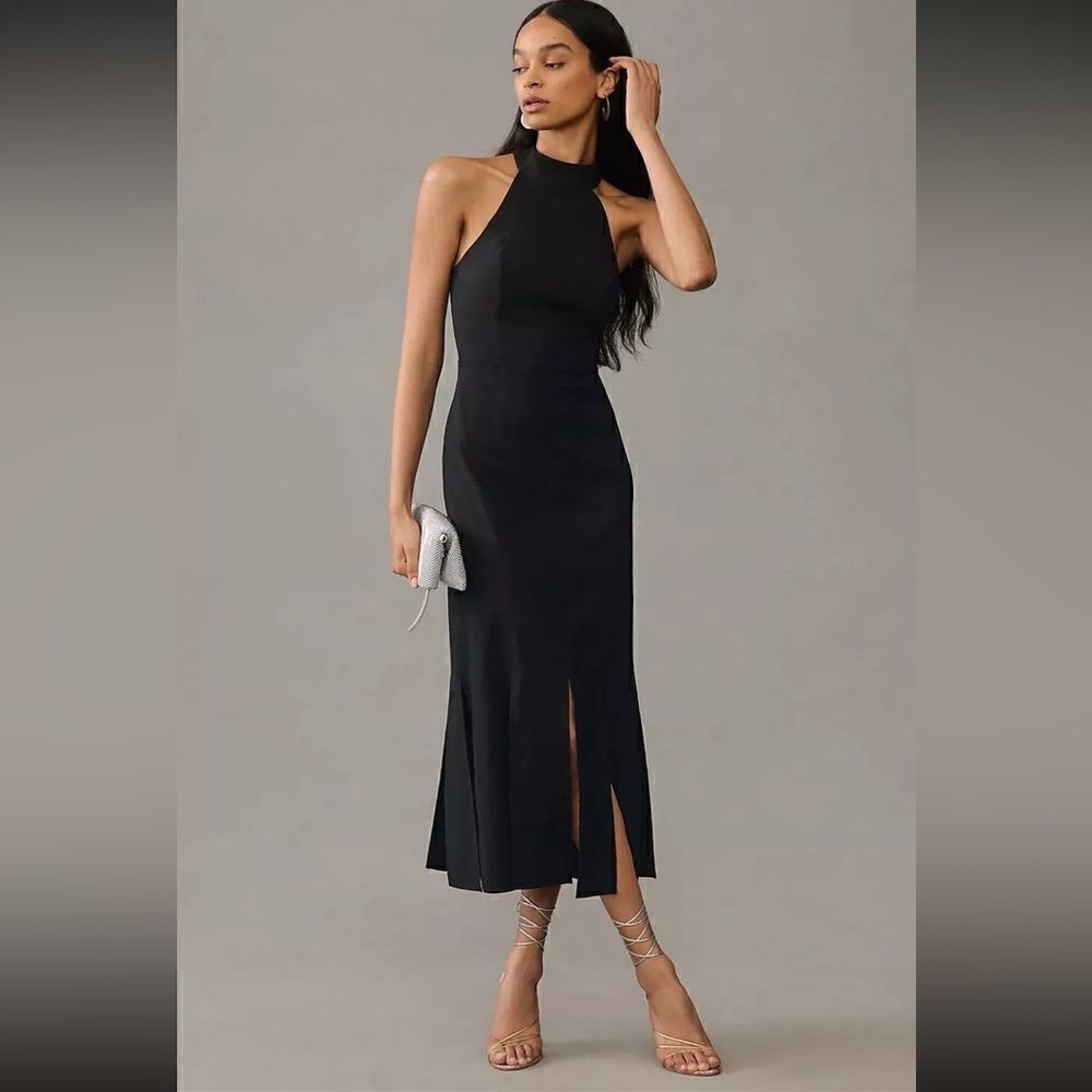 By Anthropologie Halter Slit Midi Linen Cotton Blend Dress Black NWT